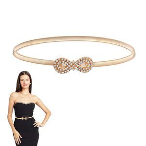 1279 1pcs Gold Elastic Metal Thin Waist Belt For Women, Rhinestone Stretch